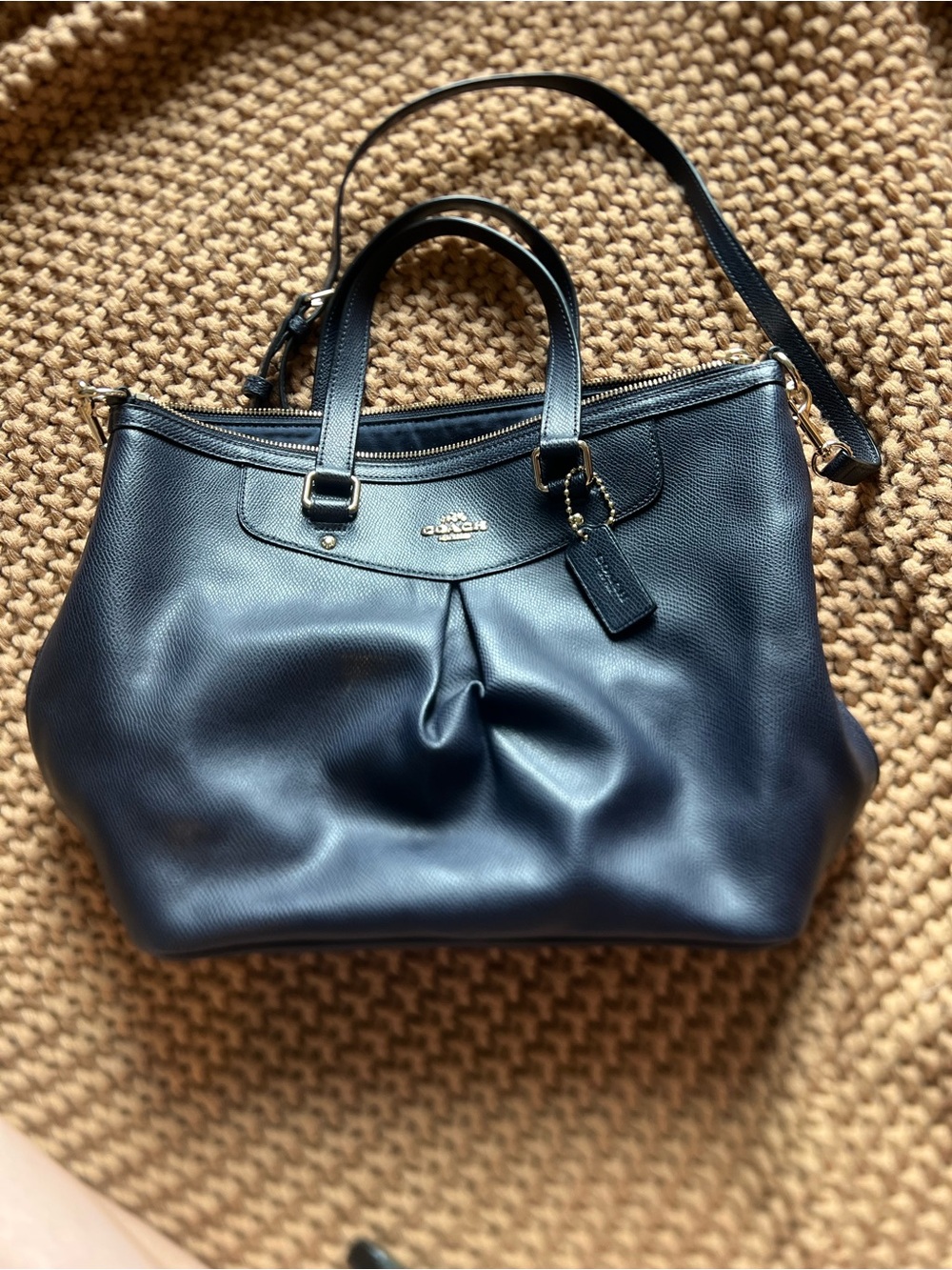 Coach Pleat Tote in Crossgrain Leather- Navy Blue